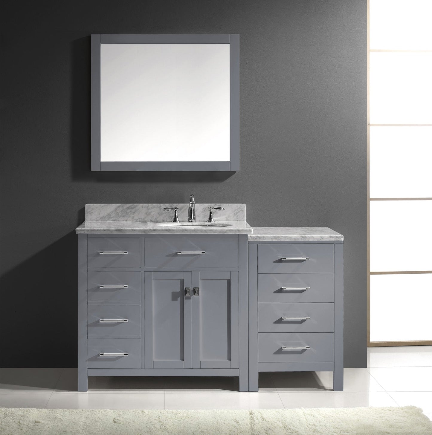 Virtu USA Caroline Parkway 57" Single Bath Vanity with White Marble Top and Round Sink with Brushed Nickel Faucet with Matching Mirror - Luxe Bathroom Vanities