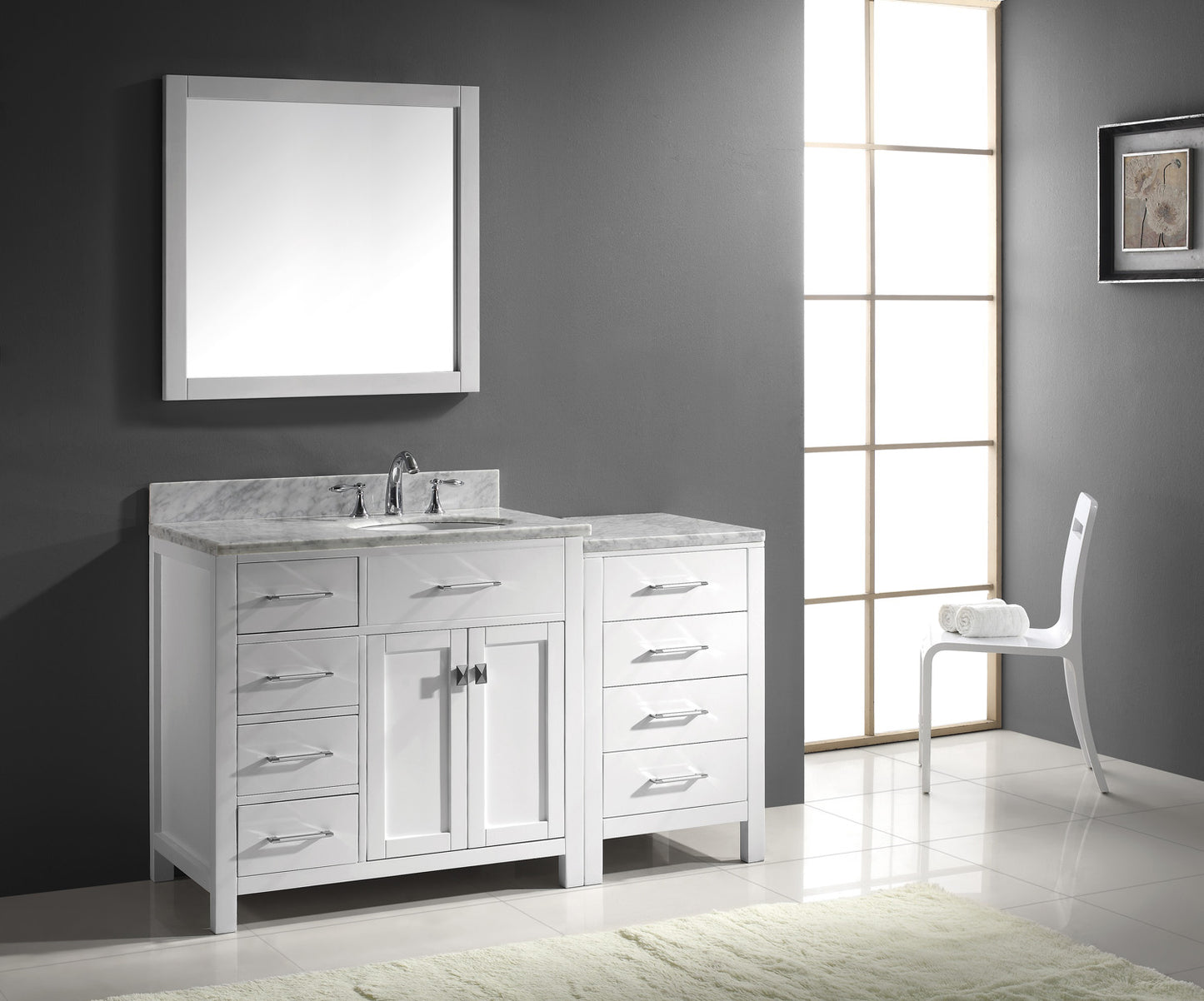 Virtu USA Caroline Parkway 57" Single Bath Vanity with Marble Top and Round Sink with Polished Chrome Faucet and Mirror - Luxe Bathroom Vanities Luxury Bathroom Fixtures Bathroom Furniture