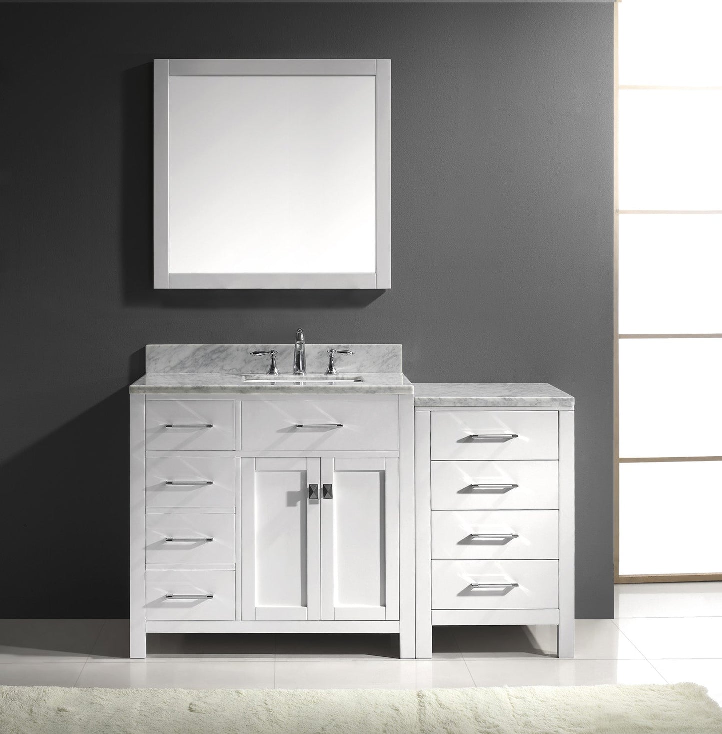 Virtu USA Caroline Parkway 57" Single Bath Vanity with Marble Top and Square Sink with Brushed Nickel Faucet and Mirror - Luxe Bathroom Vanities