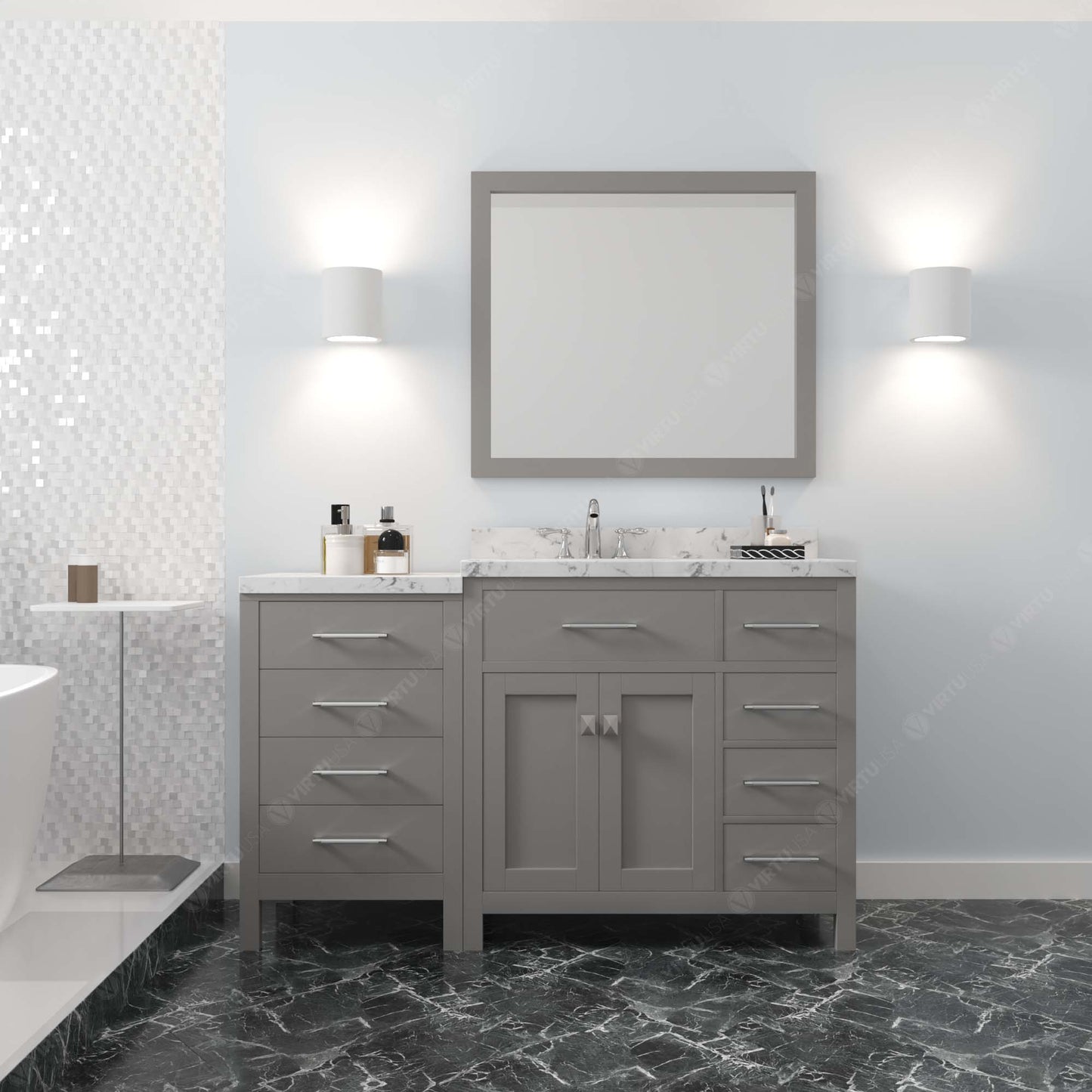 Virtu USA Caroline Parkway 57" Single Bath Vanity with Cultured Marble White Quartz Top and Round Sink with Matching Mirror - Luxe Bathroom Vanities