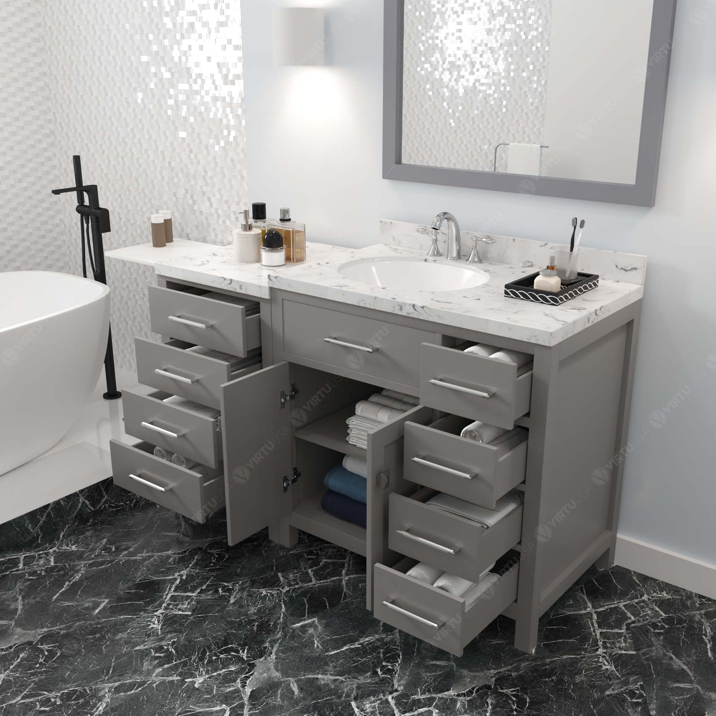 Virtu USA Caroline Parkway 57" Single Bath Vanity with Cultured Marble White Quartz Top and Round Sink with Matching Mirror - Luxe Bathroom Vanities