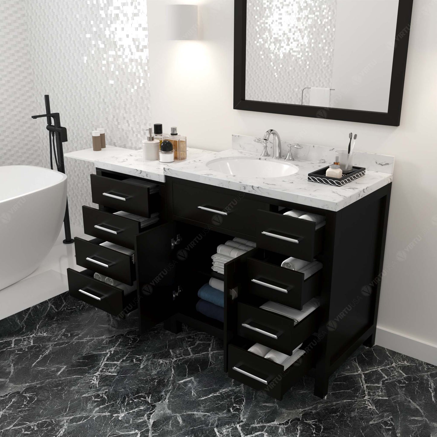 Virtu USA Caroline Parkway 57" Single Bath Vanity with Cultured Marble White Quartz Top and Round Sink with Matching Mirror - Luxe Bathroom Vanities