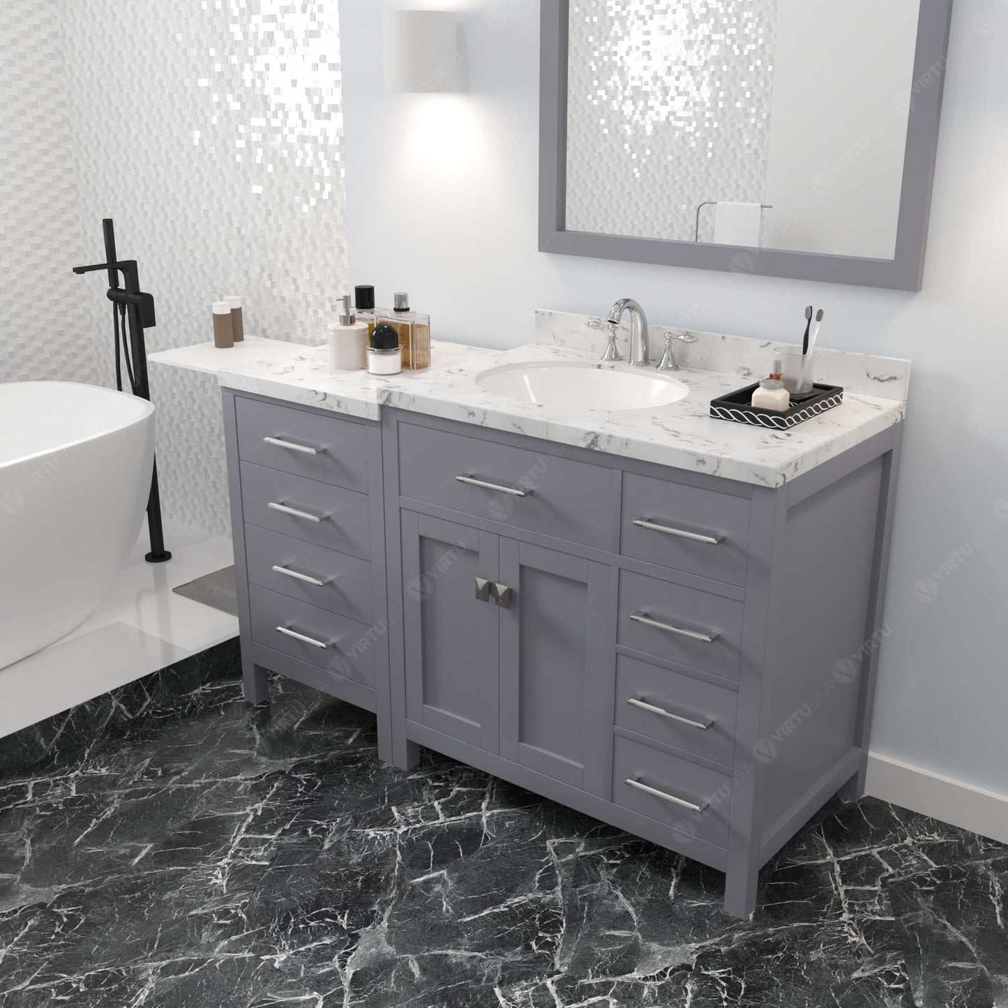 Virtu USA Caroline Parkway 57" Single Bath Vanity with Cultured Marble White Quartz Top and Round Sink with Brushed Nickel Faucet with Matching Mirror - Luxe Bathroom Vanities