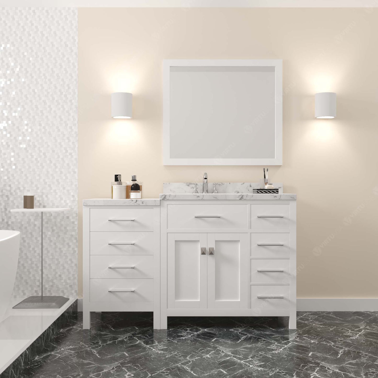 Virtu USA Caroline Parkway 57" Single Bath Vanity with Cultured Marble White Quartz Top and Round Sink with Matching Mirror - Luxe Bathroom Vanities