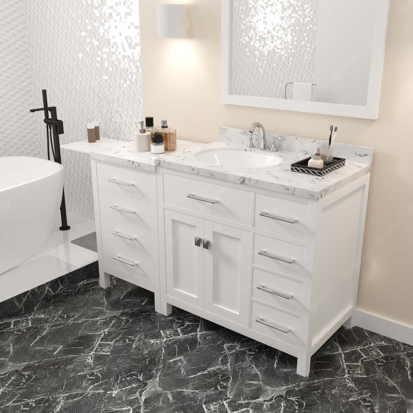 Virtu USA Caroline Parkway 57" Single Bath Vanity with Cultured Marble White Quartz Top and Round Sink with Polished Chrome Faucet with Matching Mirror - Luxe Bathroom Vanities