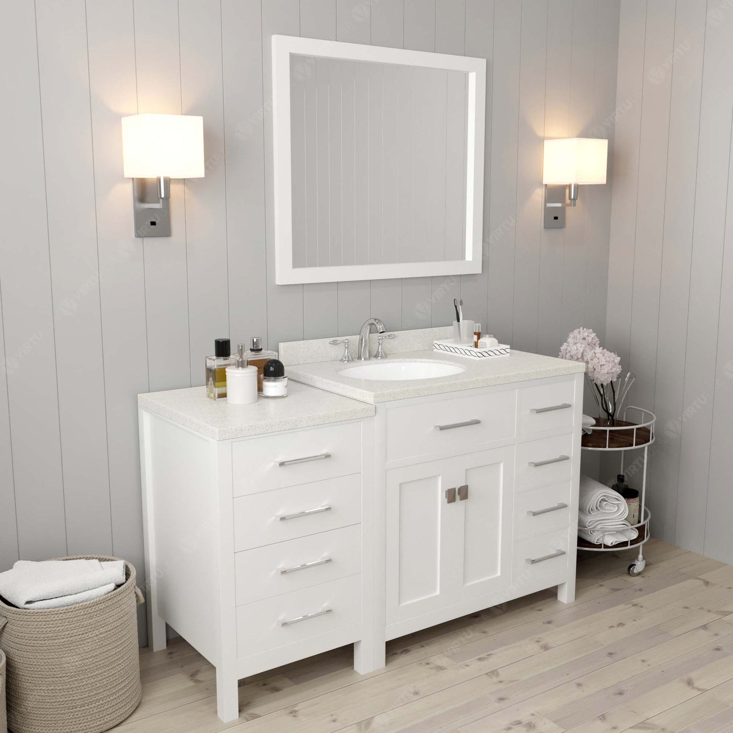 Virtu USA Caroline Parkway 57" Single Bath Vanity with Dazzle White Quartz Top and Round Sink with Brushed Nickel Faucet with Matching Mirror - Luxe Bathroom Vanities