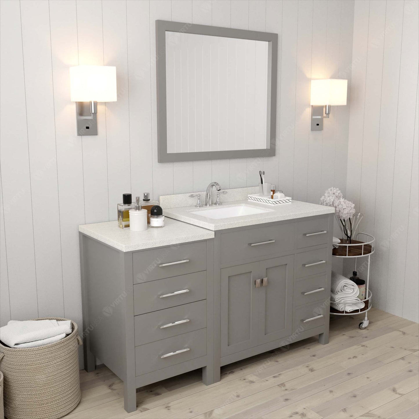 Virtu USA Caroline Parkway 57" Single Bath Vanity with Dazzle White Quartz Top and Square Sink with Polished Chrome Faucet with Matching Mirror - Luxe Bathroom Vanities