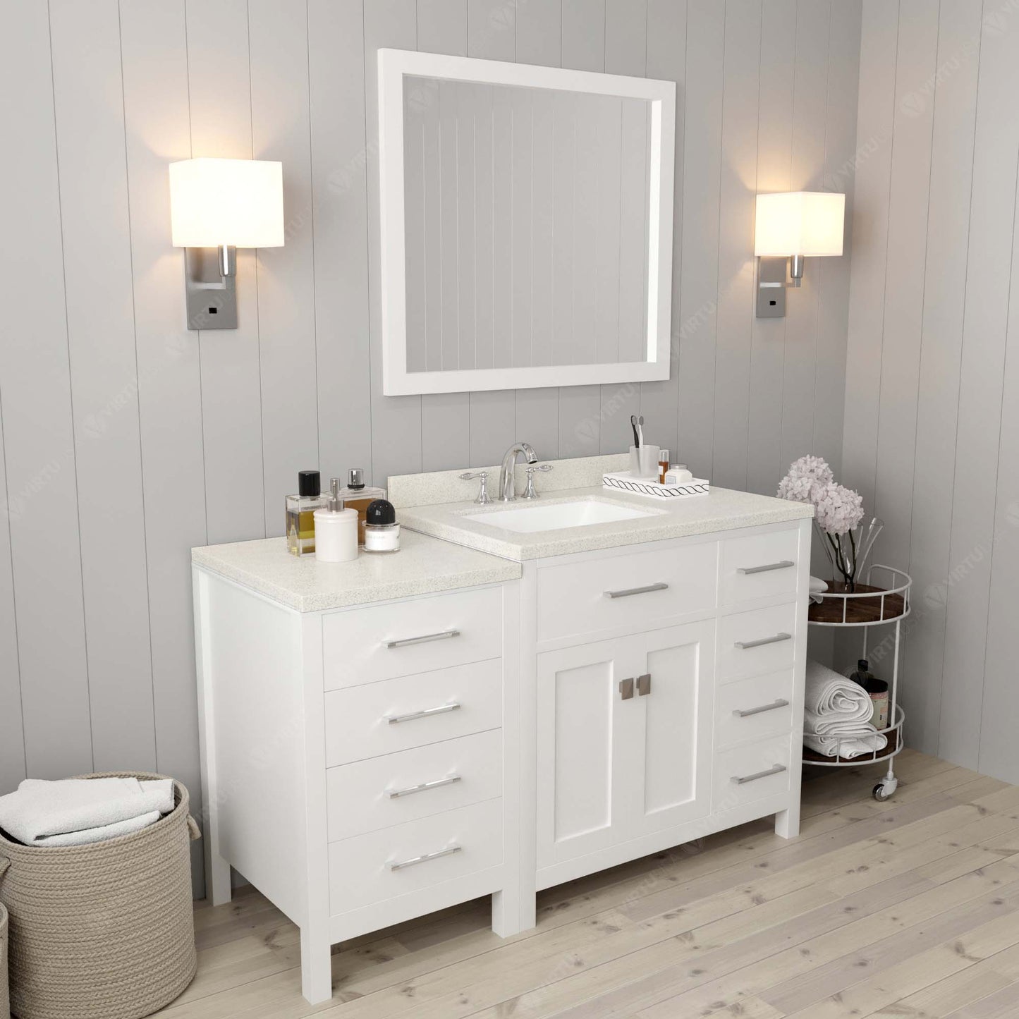Virtu USA Caroline Parkway 57" Single Bath Vanity with Dazzle White Quartz Top and Square Sink with Matching Mirror - Luxe Bathroom Vanities