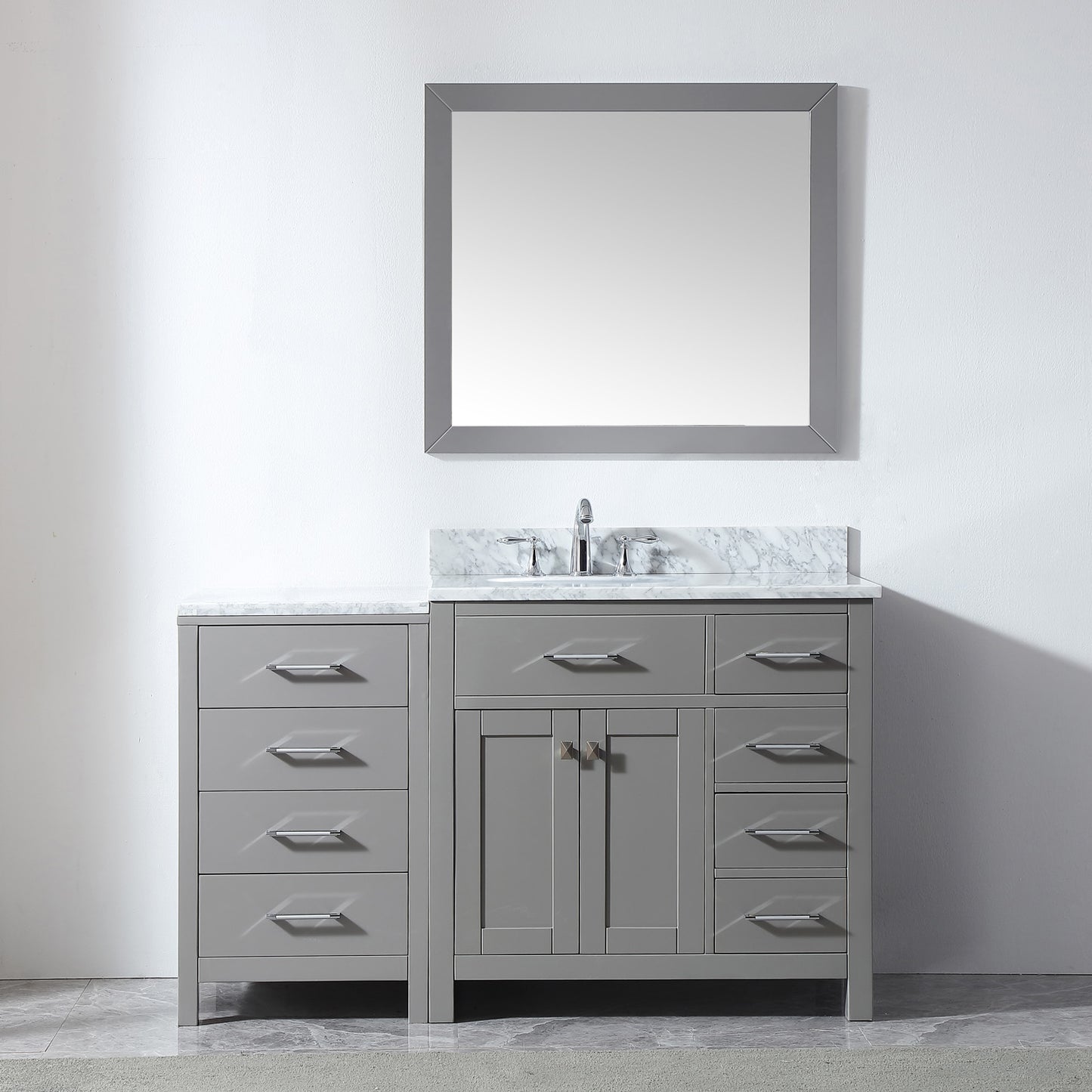 Virtu USA Caroline Parkway 57" Single Bath Vanity in Cashmere Grey with Marble Top and Round Sink with Brushed Nickel Faucet and Mirror - Luxe Bathroom Vanities Luxury Bathroom Fixtures Bathroom Furniture