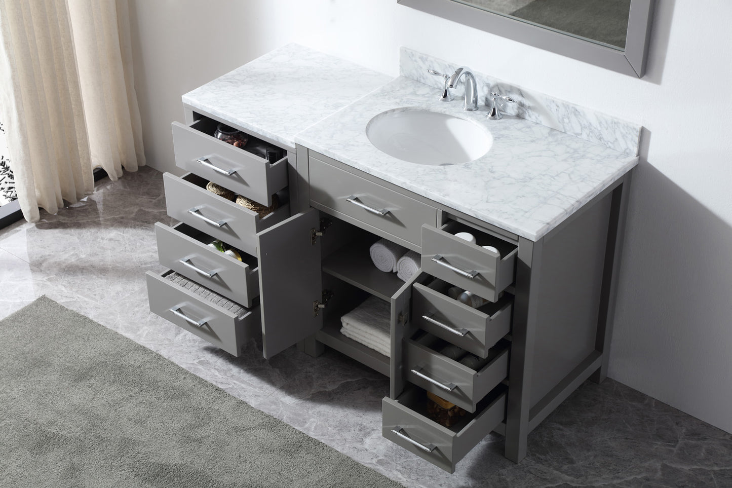 Virtu USA Caroline Parkway 57" Single Bath Vanity in Cashmere Grey with Marble Top and Round Sink with Brushed Nickel Faucet and Mirror - Luxe Bathroom Vanities Luxury Bathroom Fixtures Bathroom Furniture