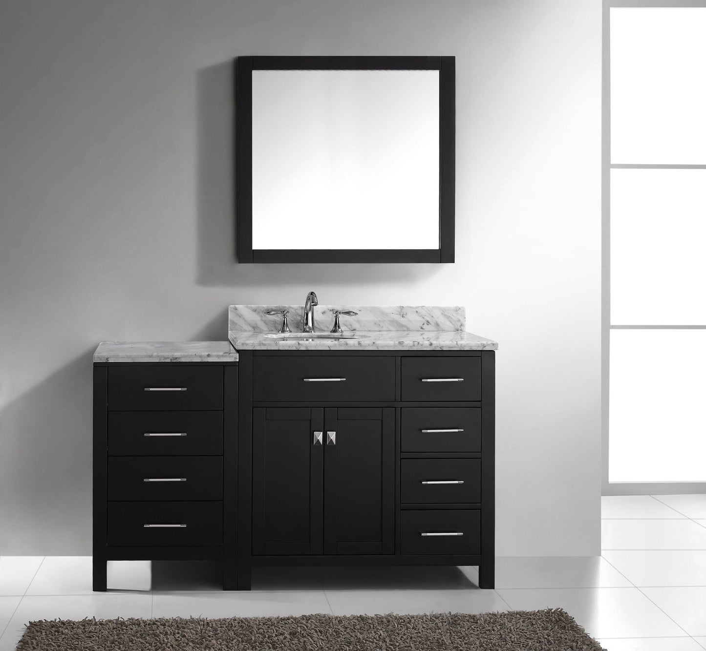 Virtu USA Caroline Parkway 57" Single Bath Vanity with Marble Top and Round Sink with Brushed Nickel Faucet and Mirror - Luxe Bathroom Vanities