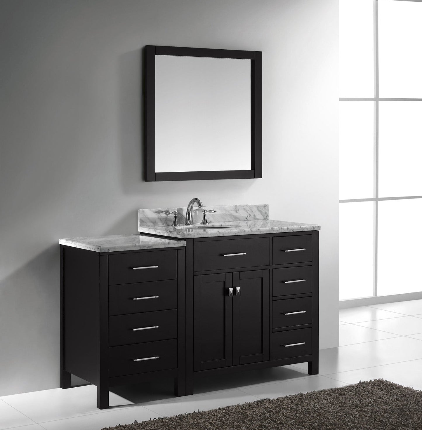 Virtu USA Caroline Parkway 57" Single Bath Vanity with Marble Top and Round Sink with Brushed Nickel Faucet and Mirror - Luxe Bathroom Vanities