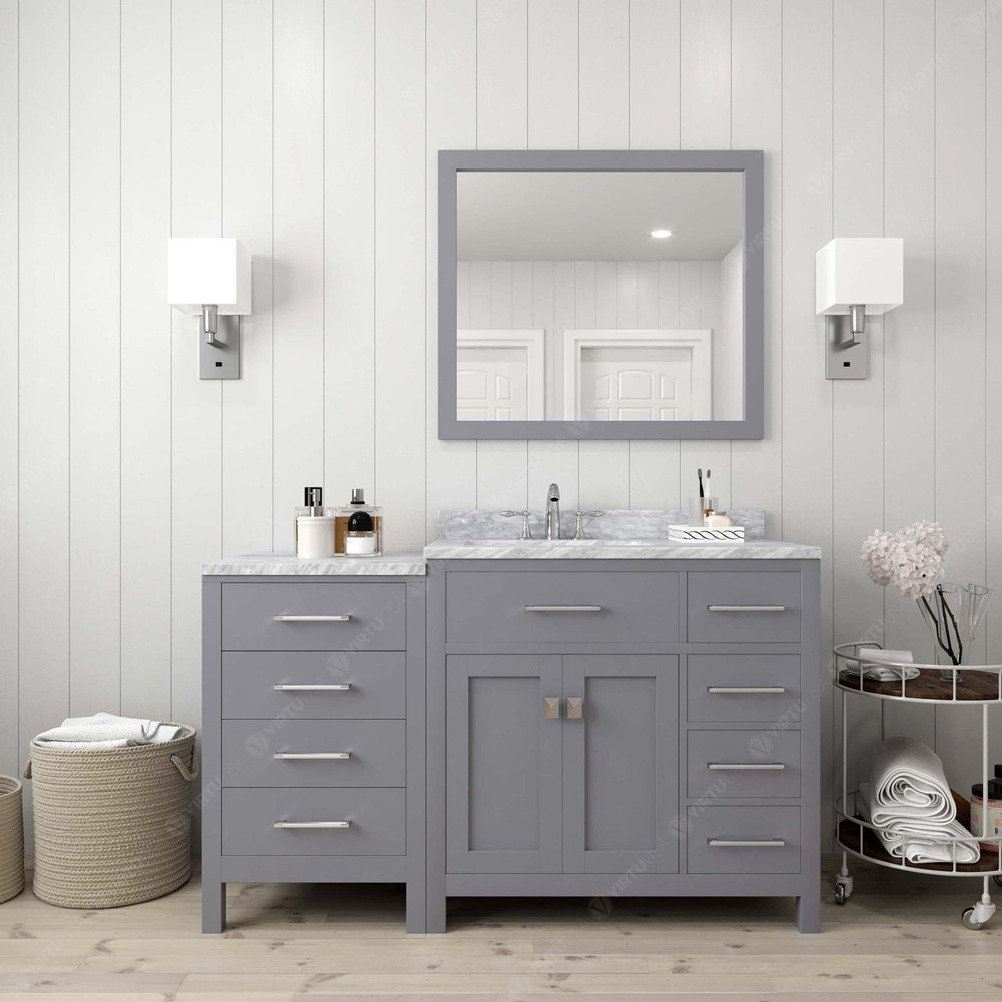 Virtu USA Caroline Parkway 57" Single Bath Vanity with Italian White Marble Top and Round Sink with Matching Mirror - Luxe Bathroom Vanities