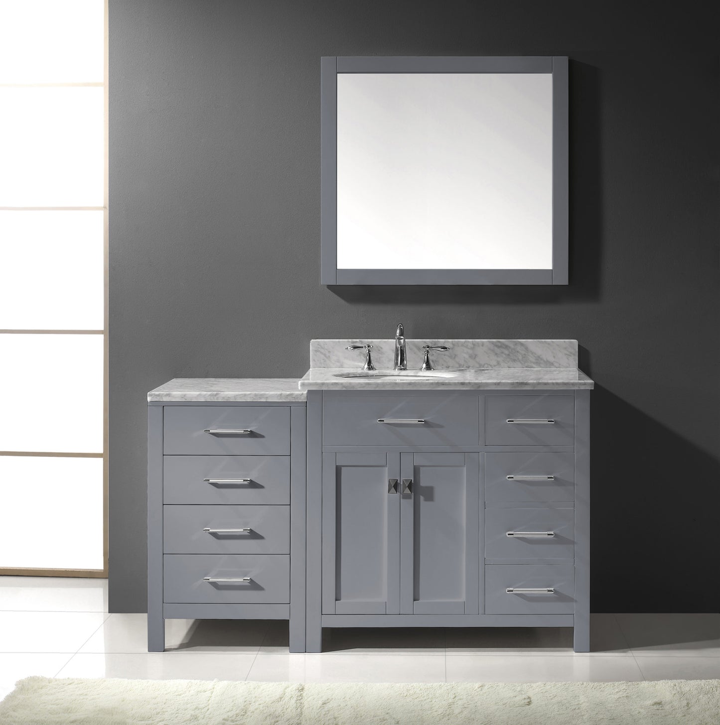 Virtu USA Caroline Parkway 57" Single Bath Vanity with Italian White Marble Top and Round Sink with Polished Chrome Faucet with Matching Mirror - Luxe Bathroom Vanities