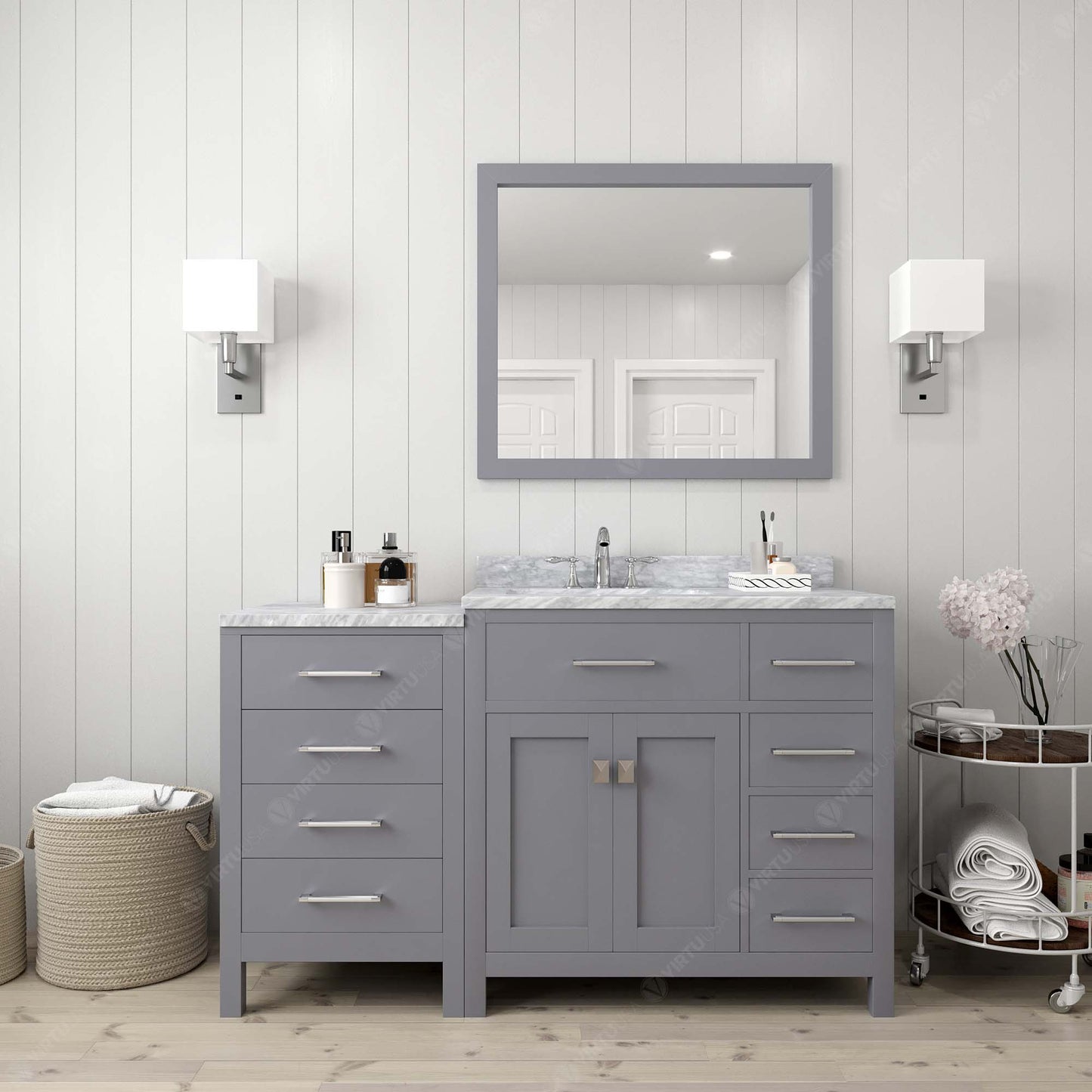 Virtu USA Caroline Parkway 57" Single Bath Vanity with Italian White Marble Top and Round Sink with Polished Chrome Faucet with Matching Mirror - Luxe Bathroom Vanities