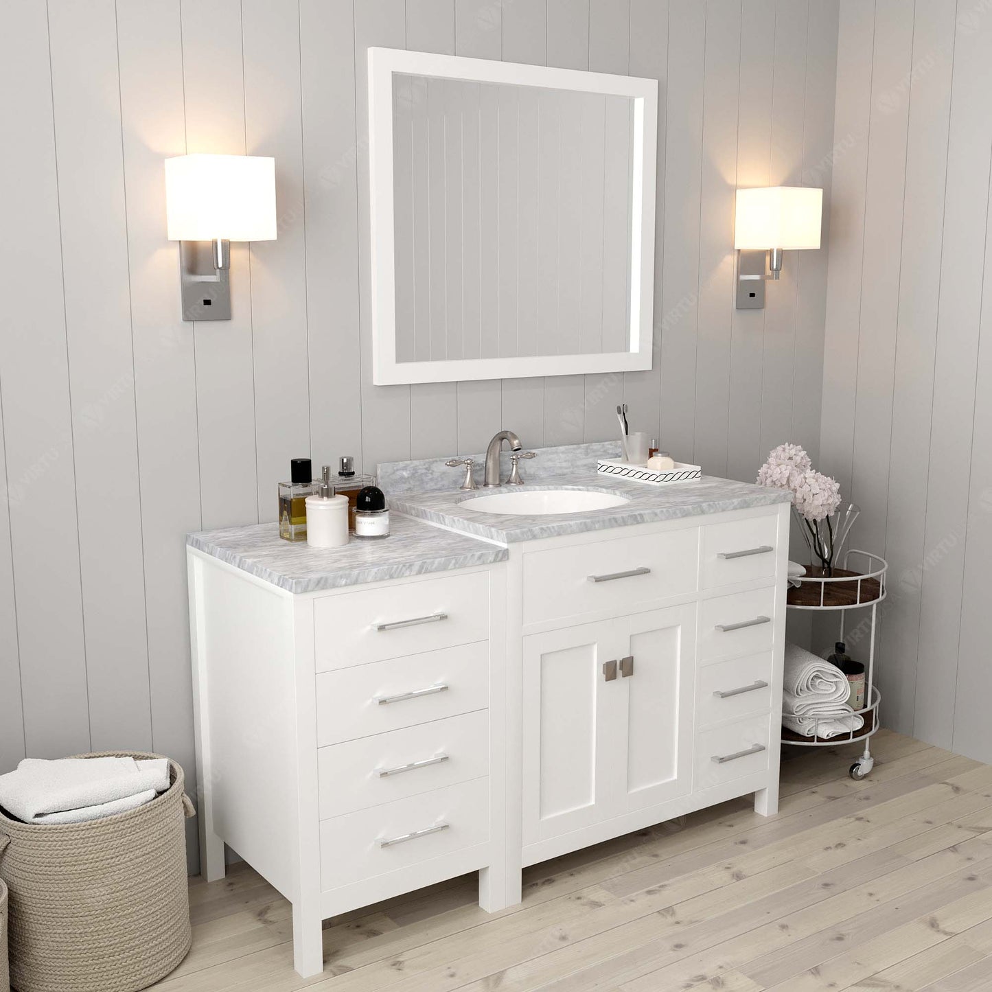 Virtu USA Caroline Parkway 57" Single Bath Vanity with Italian White Marble Top and Round Sink with Brushed Nickel Faucet with Matching Mirror - Luxe Bathroom Vanities