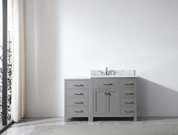 Virtu USA Caroline Parkway 57" Single Bath Vanity in Cashmere Gray with White Marble Top and Square Sink with Brushed Nickel Faucet - Luxe Bathroom Vanities