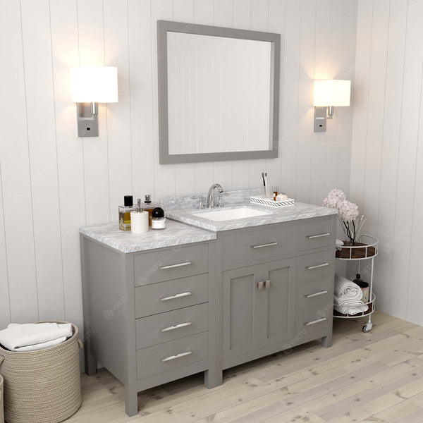 Virtu USA Caroline Parkway 57" Single Bath Vanity with Italian White Marble Top and Square Sink with Brushed Nickel Faucet with Matching Mirror - Luxe Bathroom Vanities