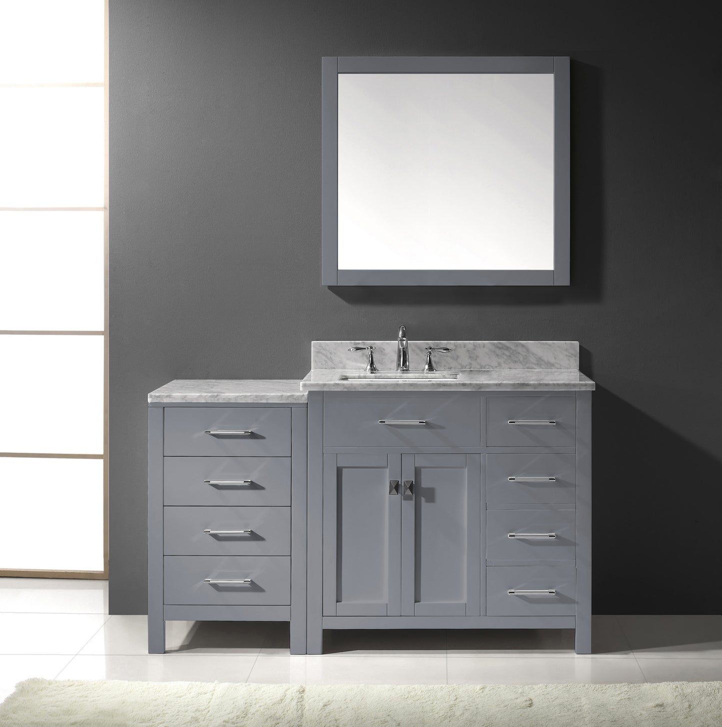 Virtu USA Caroline Parkway 57" Single Bath Vanity with Italian White Marble Top and Square Sink with Brushed Nickel Faucet with Matching Mirror - Luxe Bathroom Vanities