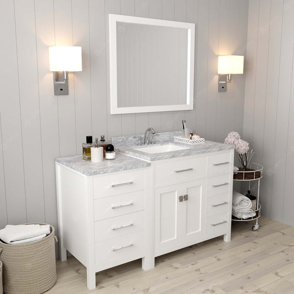 Virtu USA Caroline Parkway 57" Single Bath Vanity with Italian White Marble Top and Square Sink with Brushed Nickel Faucet with Matching Mirror - Luxe Bathroom Vanities