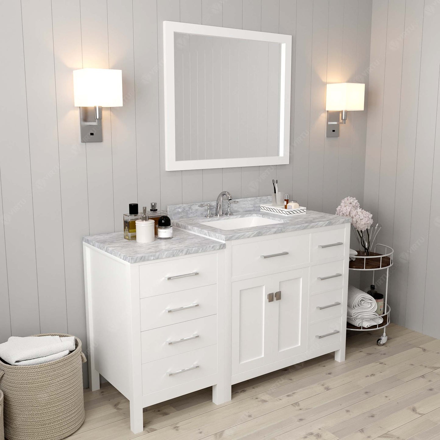 Virtu USA Caroline Parkway 57" Single Bath Vanity with Italian White Marble Top and Square Sink with Polished Chrome Faucet with Matching Mirror - Luxe Bathroom Vanities