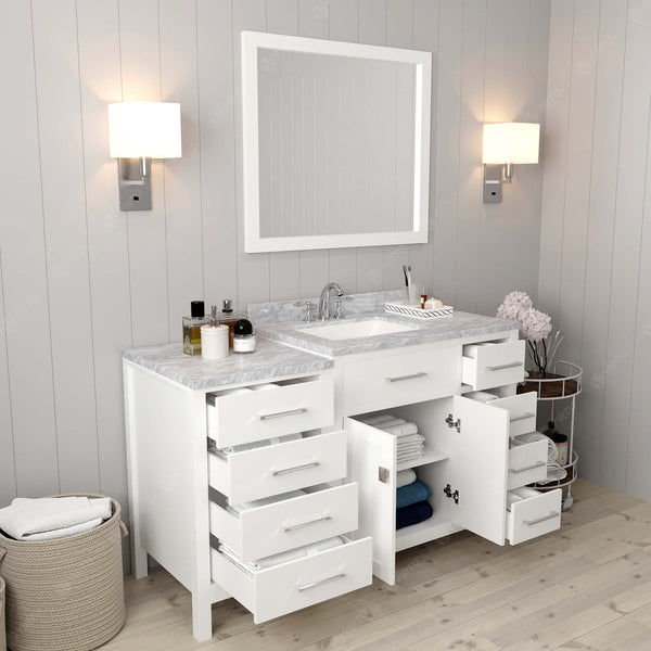 Virtu USA Caroline Parkway 57" Single Bath Vanity with Italian White Marble Top and Square Sink with Brushed Nickel Faucet with Matching Mirror - Luxe Bathroom Vanities