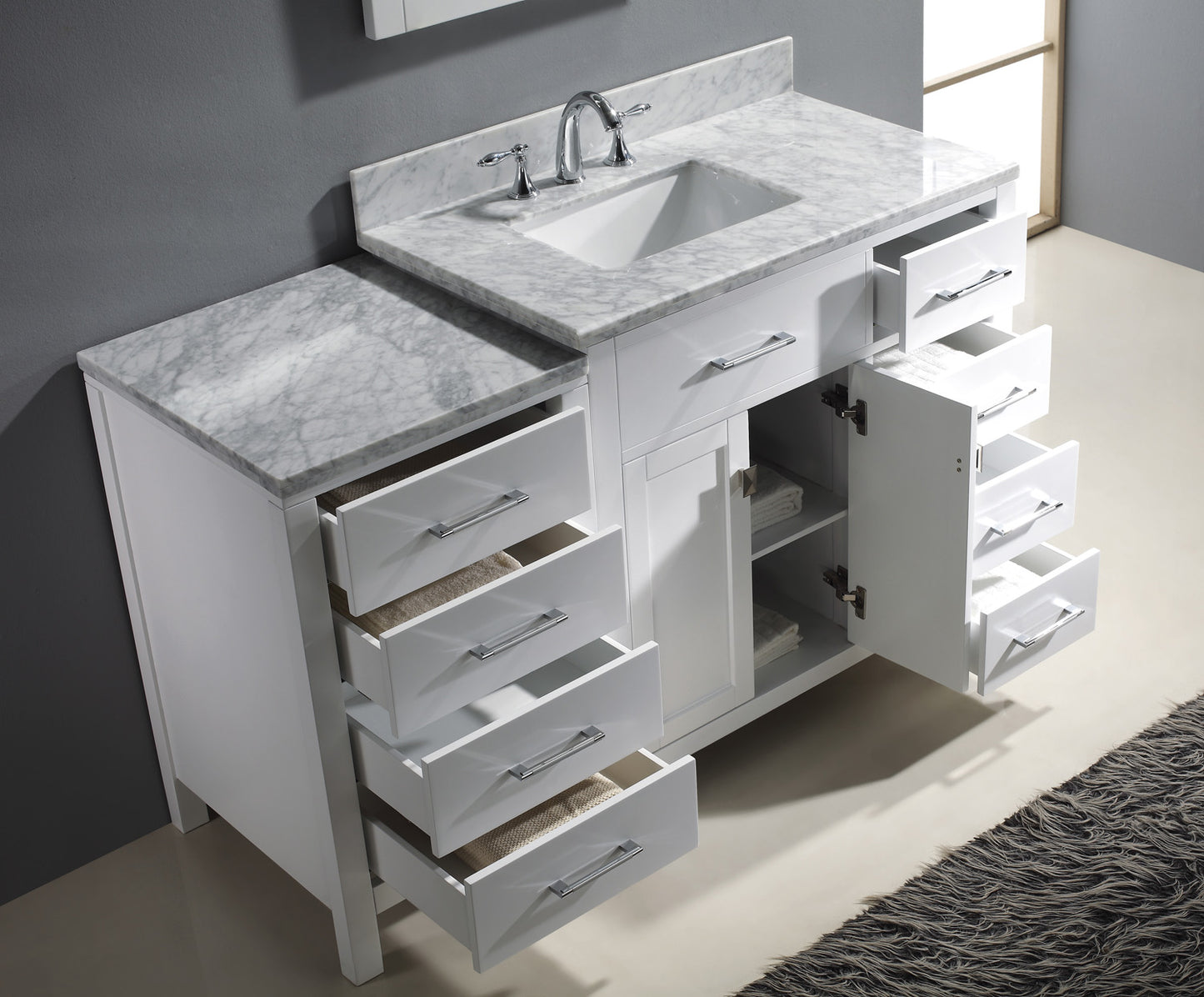 Virtu USA Caroline Parkway 57" Single Bath Vanity with Italian White Marble Top and Square Sink with Polished Chrome Faucet with Matching Mirror - Luxe Bathroom Vanities