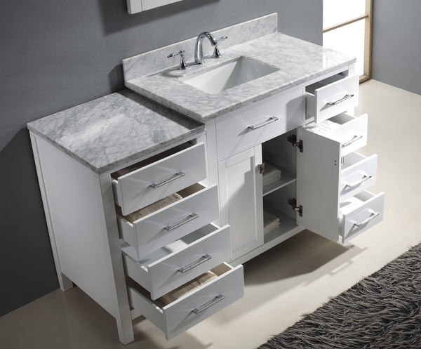 Virtu USA Caroline Parkway 57" Single Bath Vanity with Italian White Marble Top and Square Sink with Brushed Nickel Faucet with Matching Mirror - Luxe Bathroom Vanities