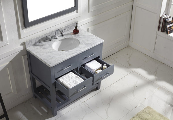 Virtu USA Caroline Estate 36" Single Bath Vanity with Marble Top and Round Sink with Brushed Nickel Faucet and Mirror - Luxe Bathroom Vanities