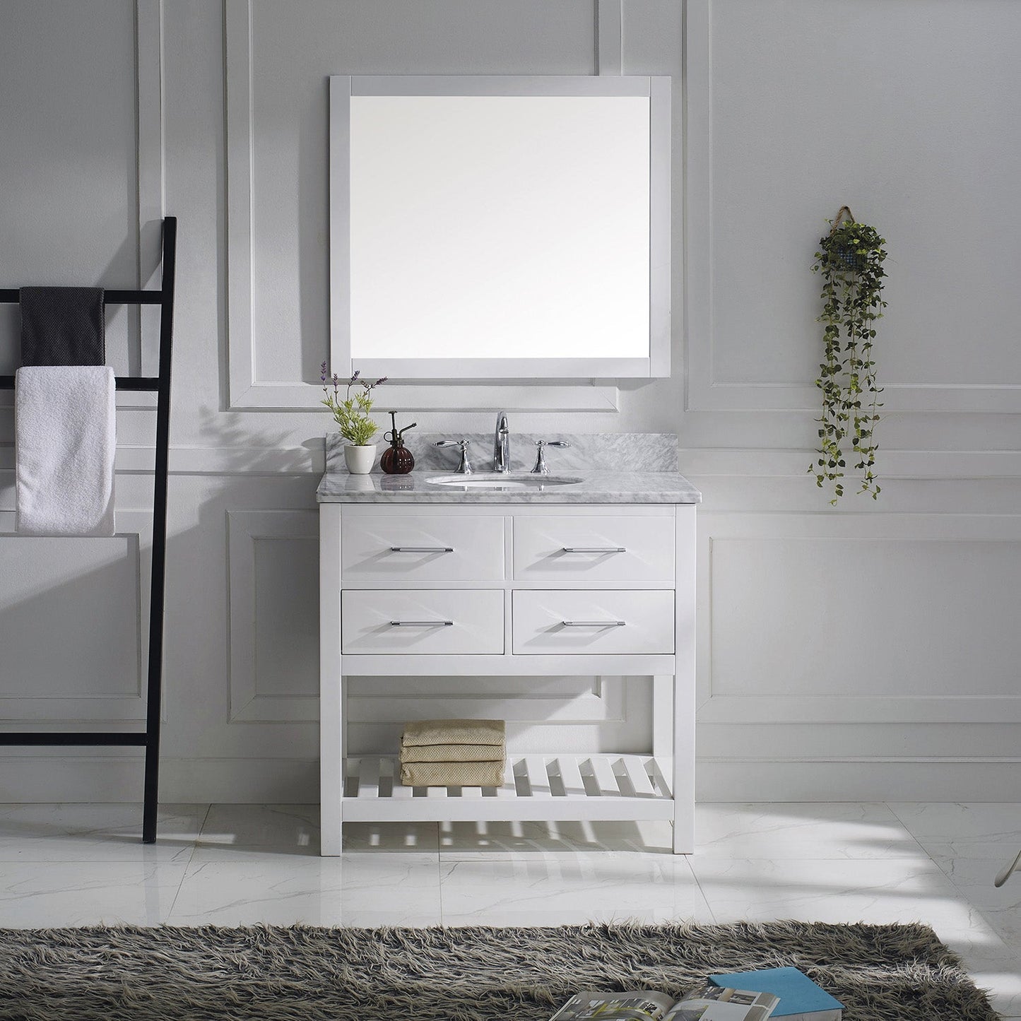 Virtu USA Caroline Estate 36" Single Bath Vanity with Marble Top and Round Sink with Brushed Nickel Faucet and Mirror - Luxe Bathroom Vanities