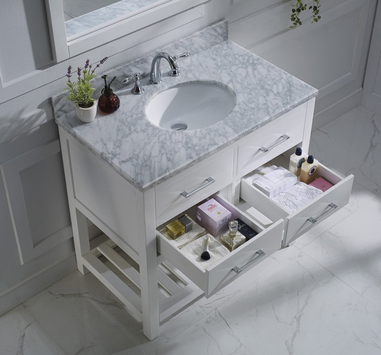 Virtu USA Caroline Estate 36" Single Bath Vanity with Marble Top and Round Sink with Brushed Nickel Faucet and Mirror - Luxe Bathroom Vanities