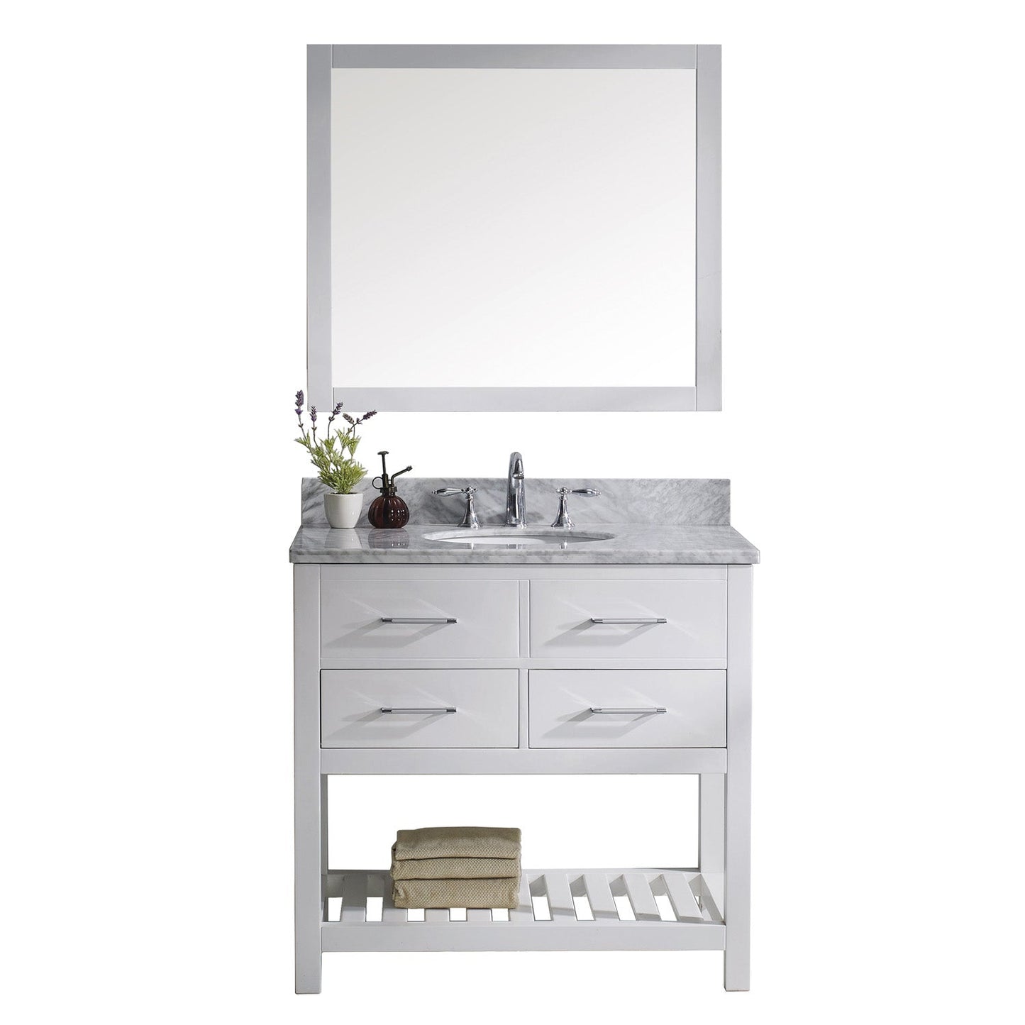 Virtu USA Caroline Estate 36" Single Bath Vanity with Marble Top and Round Sink with Brushed Nickel Faucet and Mirror - Luxe Bathroom Vanities