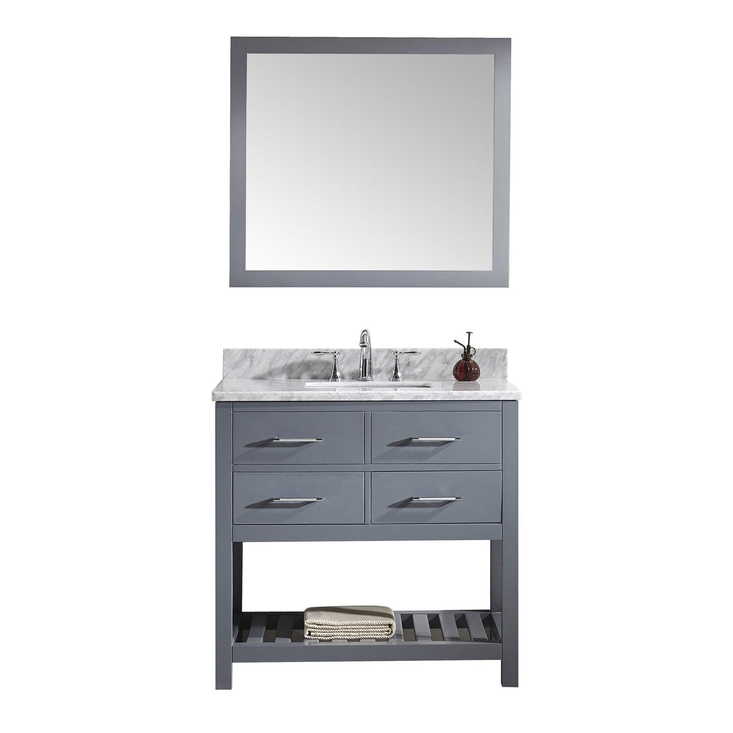 Virtu USA Caroline Estate 36" Single Bath Vanity with Marble Top and Square Sink with Polished Chrome Faucet and Mirror - Luxe Bathroom Vanities
