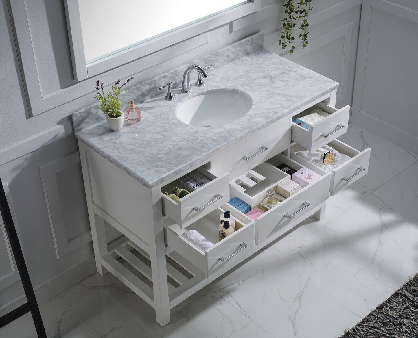 Virtu USA Caroline Estate 48" Single Bath Vanity with Marble Top and Round Sink with Brushed Nickel Faucet and Mirror - Luxe Bathroom Vanities
