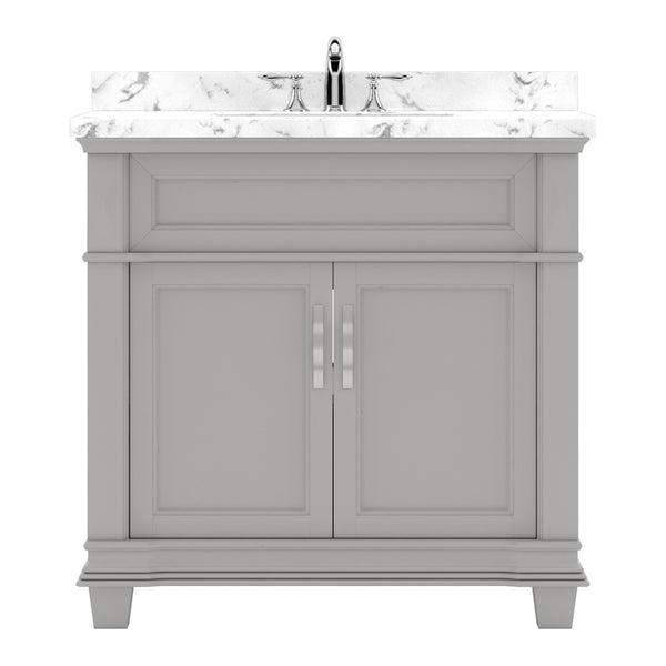 Virtu USA Victoria 36" Single Bath Vanity with White Quartz Top and Round Sink with Polished Chrome Faucet with Matching Mirror - Luxe Bathroom Vanities