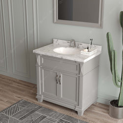 Virtu USA Victoria 36" Single Bath Vanity with White Quartz Top and Round Sink with Brushed Nickel Faucet with Matching Mirror - Luxe Bathroom Vanities