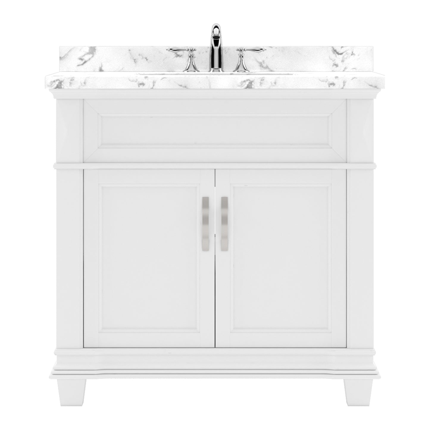 Virtu USA Victoria 36" Single Bath Vanity with White Quartz Top and Round Sink with Brushed Nickel Faucet with Matching Mirror - Luxe Bathroom Vanities