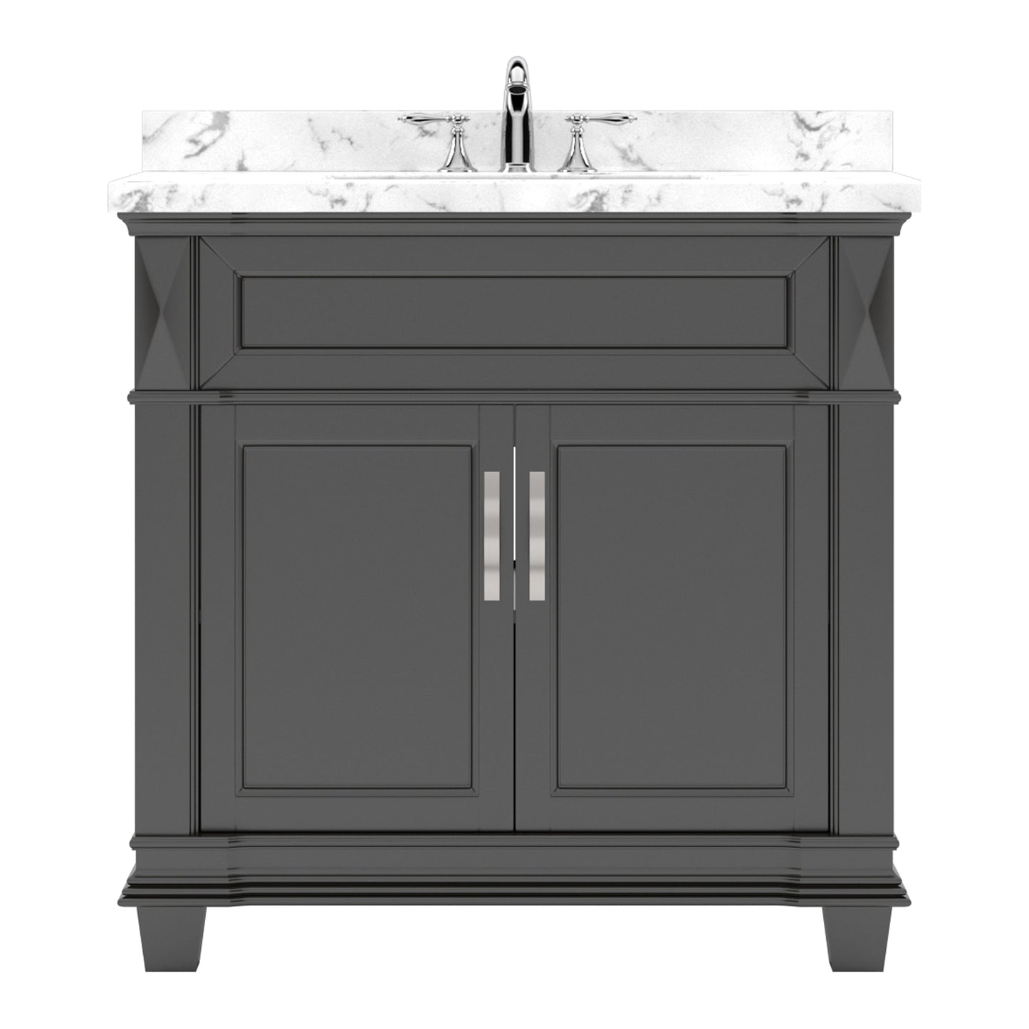 Virtu USA Victoria 36" Single Bath Vanity with White Quartz Top and Square Sink with Brushed Nickel Faucet with Matching Mirror - Luxe Bathroom Vanities