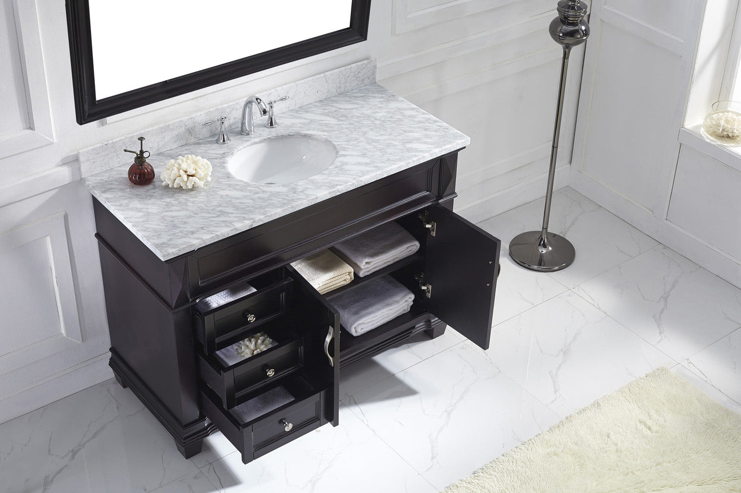 Virtu USA Victoria 48" Single Bath Vanity with Marble Top and Round Sink with Polished Chrome Faucet and Mirror - Luxe Bathroom Vanities