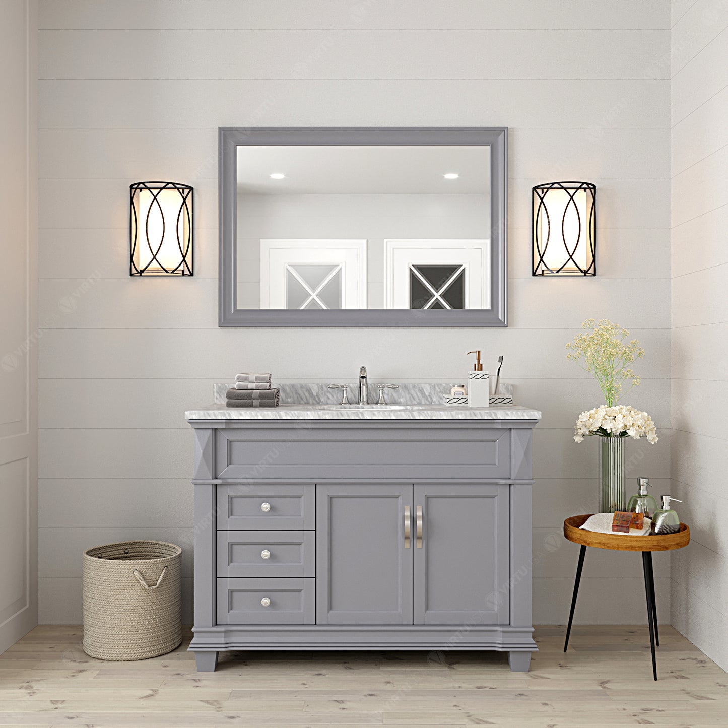 Virtu USA Victoria 48" Single Bath Vanity with Marble Top and Round Sink with Mirror - Luxe Bathroom Vanities