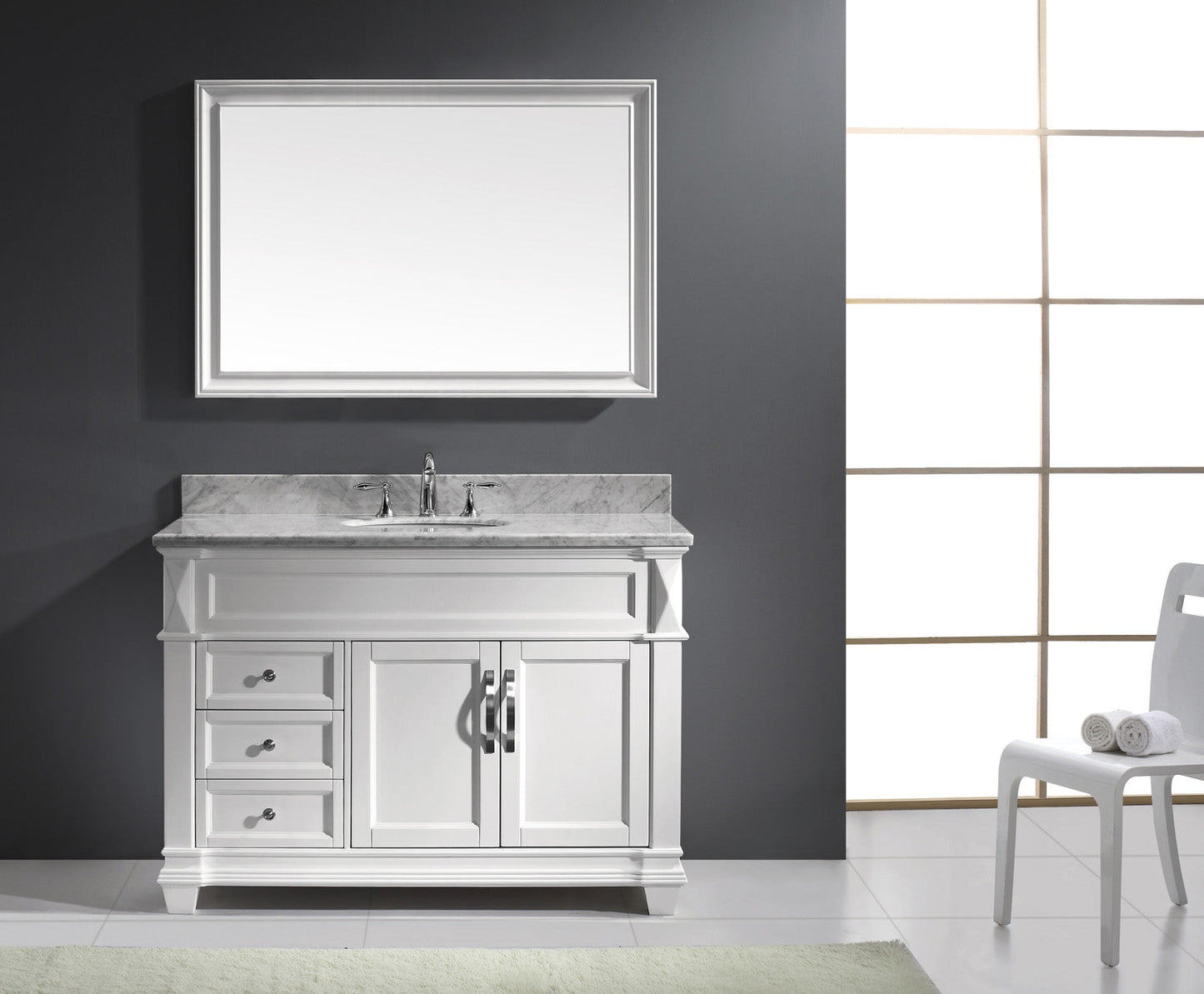 Virtu USA Victoria 48" Single Bath Vanity with Marble Top and Round Sink with Polished Chrome Faucet and Mirror - Luxe Bathroom Vanities