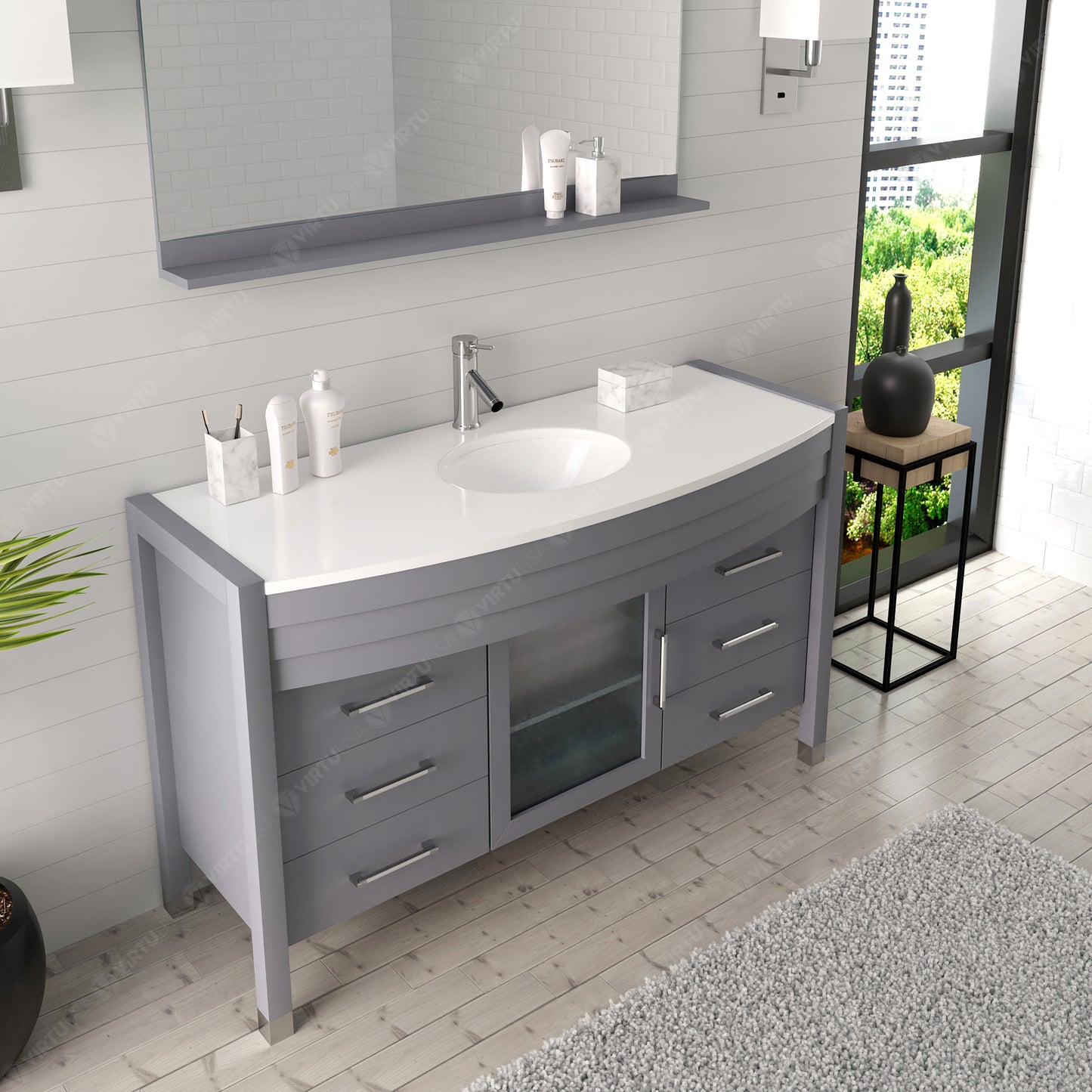 Virtu USA Ava 55" Single Bath Vanity with White Engineered Stone Top and Round Sink with Brushed Nickel Faucet with Matching Mirror - Luxe Bathroom Vanities