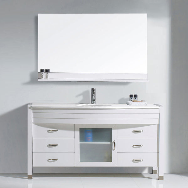 Virtu USA Ava 55" Single Bath Vanity with White Engineered Stone Top and Round Sink with Brushed Nickel Faucet with Matching Mirror - Luxe Bathroom Vanities