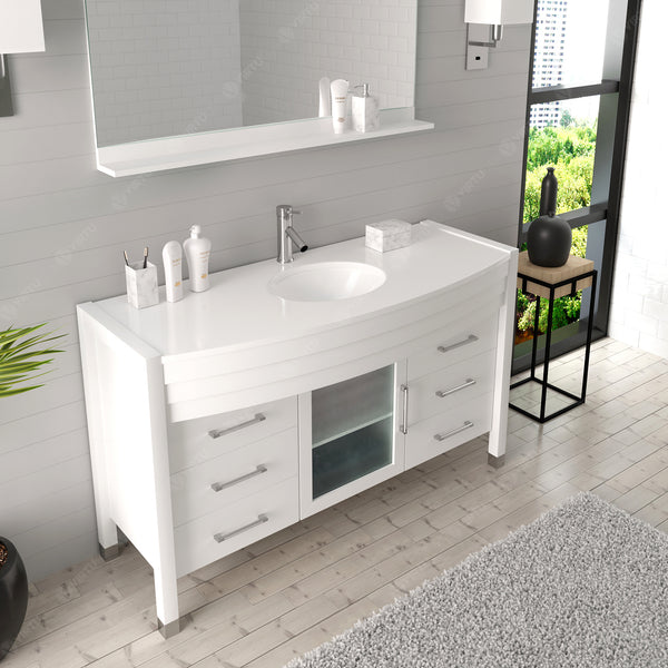 Virtu USA Ava 55" Single Bath Vanity with White Engineered Stone Top and Round Sink with Brushed Nickel Faucet with Matching Mirror - Luxe Bathroom Vanities