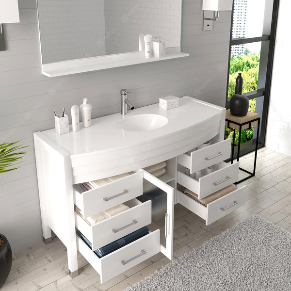 Virtu USA Ava 55" Single Bath Vanity with White Engineered Stone Top and Round Sink with Brushed Nickel Faucet with Matching Mirror - Luxe Bathroom Vanities