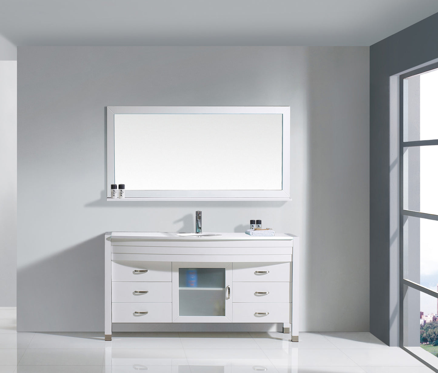 Virtu USA Ava 61" Single Bath Vanity with White Engineered Stone Top and Round Sink with Brushed Nickel Faucet and Mirror - Luxe Bathroom Vanities Luxury Bathroom Fixtures Bathroom Furniture