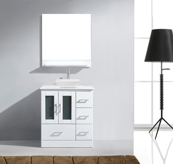 Virtu USA Zola 30" Single Bath Vanity with White Engineered Stone Top and Square Sink with Polished Chrome Faucet and Mirror - Luxe Bathroom Vanities