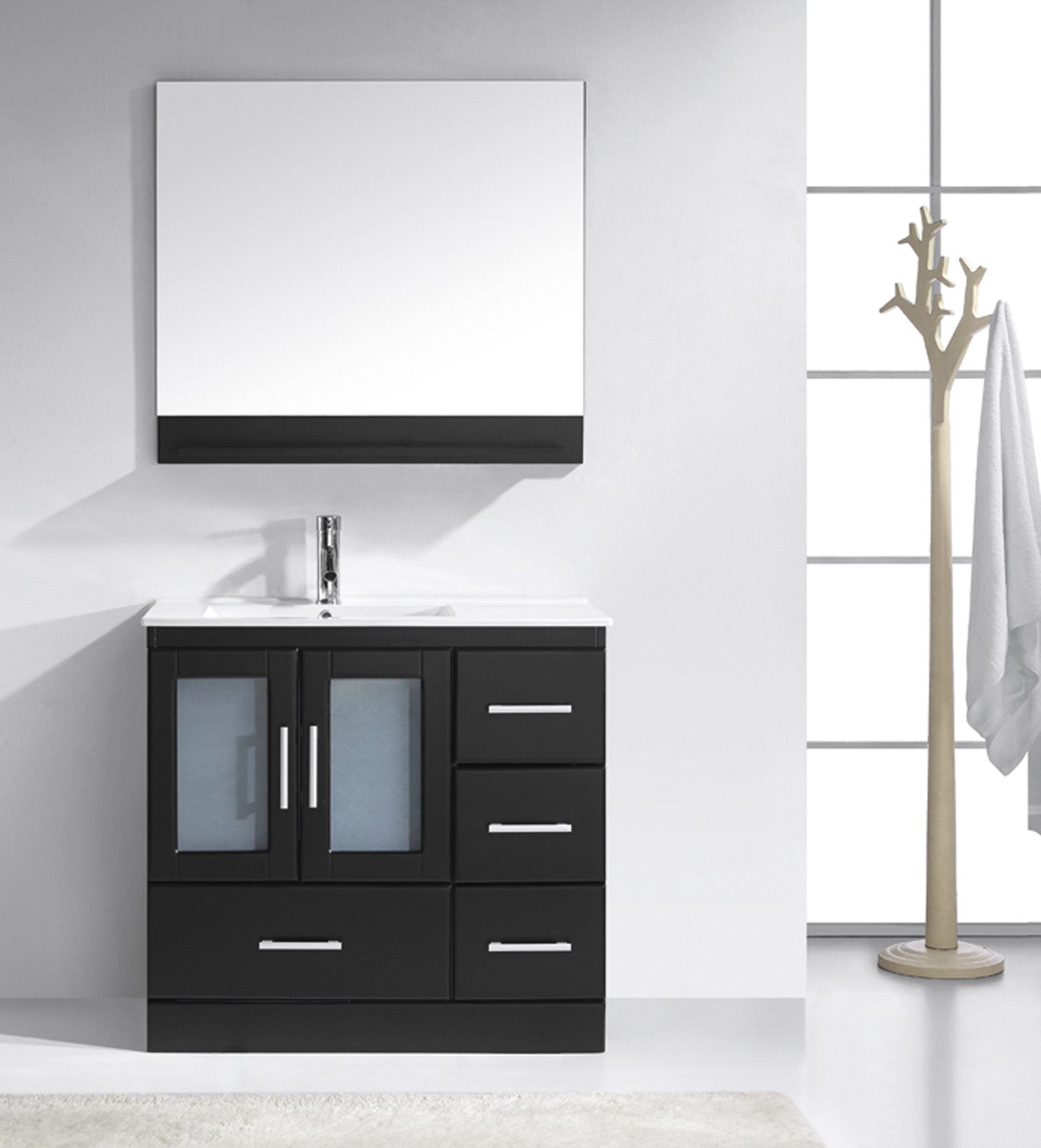 Virtu USA Zola 36" Single Bath Vanity with Slim White Ceramic Top and Square Sink with Polished Chrome Faucet and Mirror - Luxe Bathroom Vanities Luxury Bathroom Fixtures Bathroom Furniture