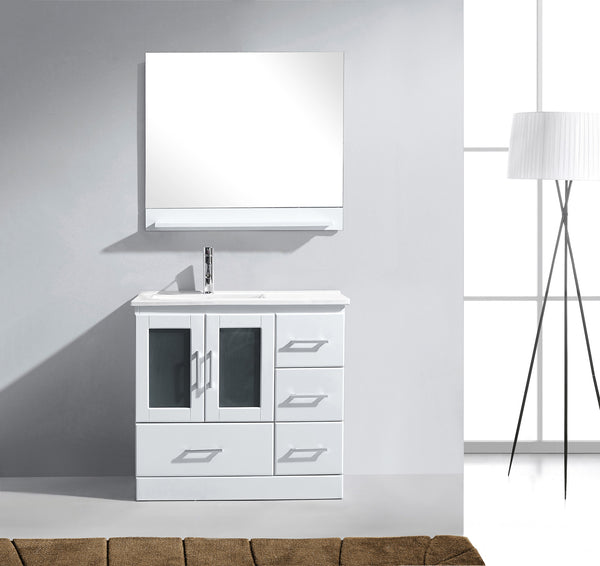 Virtu USA Zola 36" Single Bath Vanity with Slim White Ceramic Top and Square Sink with Brushed Nickel Faucet and Mirror - Luxe Bathroom Vanities Luxury Bathroom Fixtures Bathroom Furniture