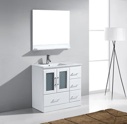 Virtu USA Zola 36" Single Bath Vanity with Slim White Ceramic Top and Square Sink with Brushed Nickel Faucet and Mirror - Luxe Bathroom Vanities Luxury Bathroom Fixtures Bathroom Furniture